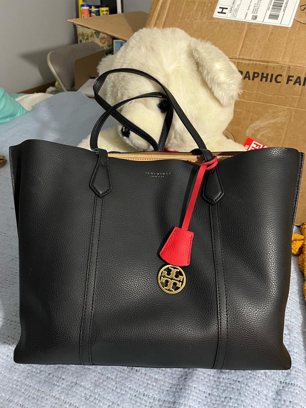 Tory Burch Black Pebbled Leather Tote with Red Tag and Gold Logo